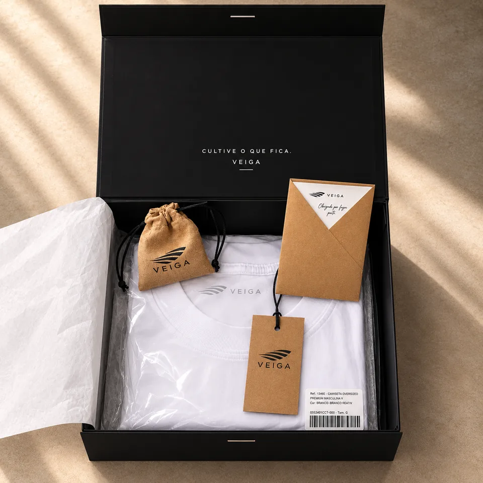 Kit Veiga Edição Origem — caixa magnética aberta com camisa, saquinho em camurça e cartão com QR code